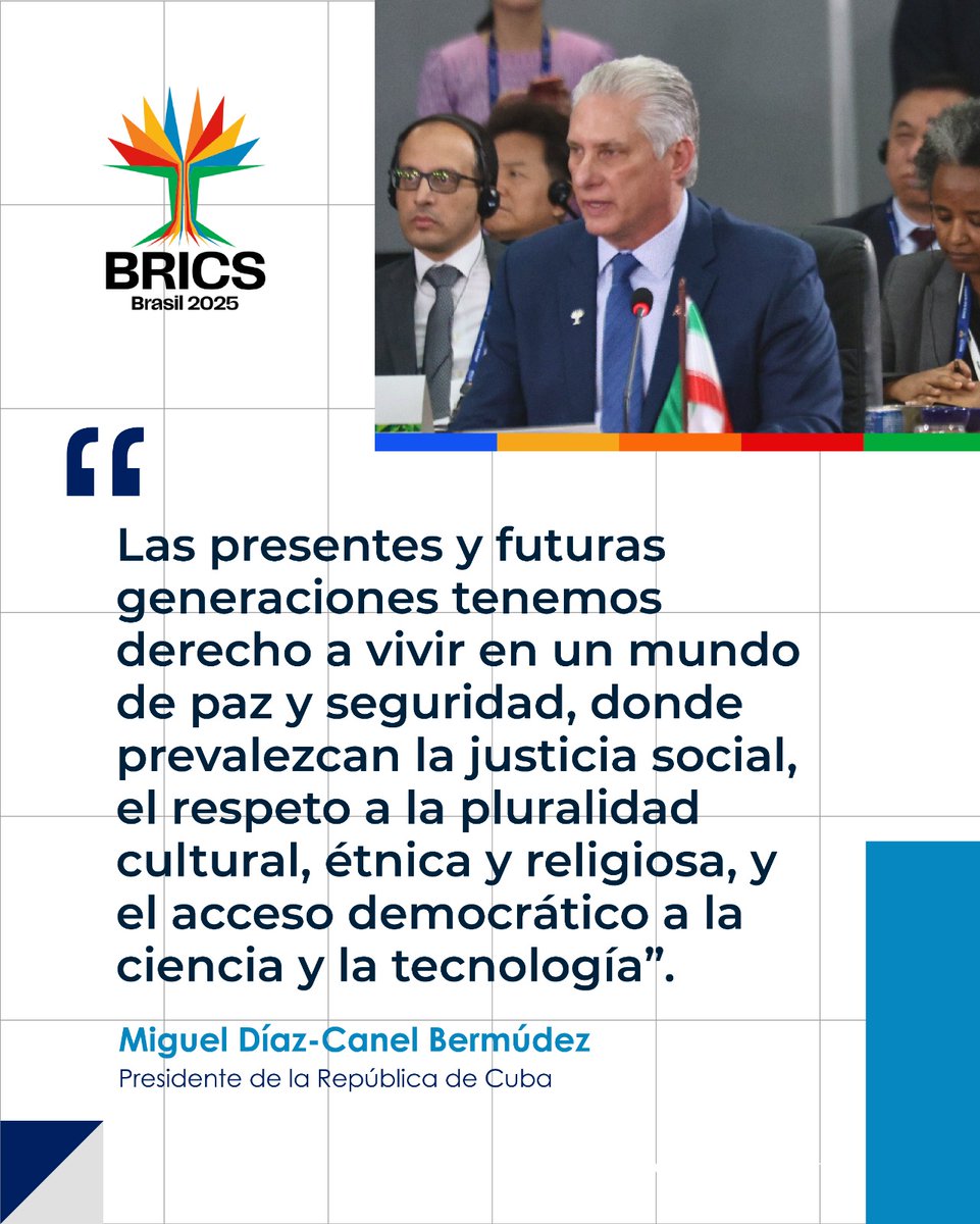 🇨🇺| El presidente <a href="/DiazCanelB/">Miguel Díaz-Canel Bermúdez</a>, intervino en la sesión de la #CumbreBRICS abierta para Países Miembros, Socios e Invitados.

🗣️| Resaltó la importancia de no renunciar a los ideales de paz, diálogo, respeto mutuo, cooperación y solidaridad.