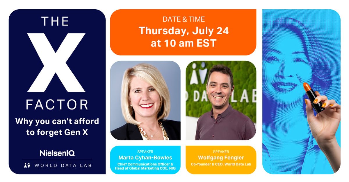 Gen X: The most overlooked growth engine in FMCG. 

🗓Thursday, July 24 | 10 am EST 
🎙 Featuring: NIQ CCO Marta Cyhan-Bowles and WDL CEO Wolfgang Fengler 

eu1.hubs.ly/H0lx5st0 

#FMCGInsights #GenXConsumers #TheXFactor #Webinar #InnovationStrategy