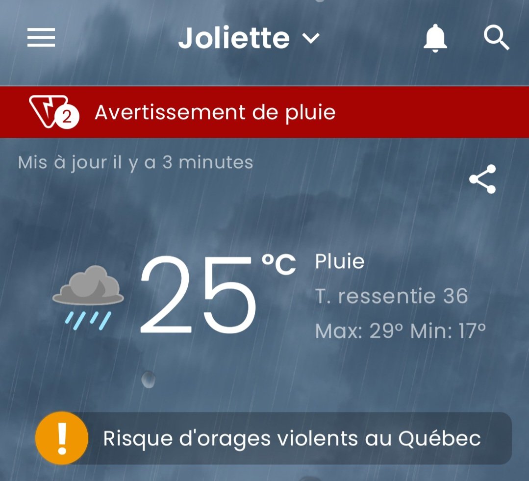 feulaflamme's tweet image. Mon application Météomédia me donne un peu trop souvent des "avertissements"
Les premières fois c'était anxiogène, mais il y en a tellement que je n'y porte plus attention...
J'ai l'impression que le besoin de clics l'emportent sur la réelle sécurité
#crierauloup
