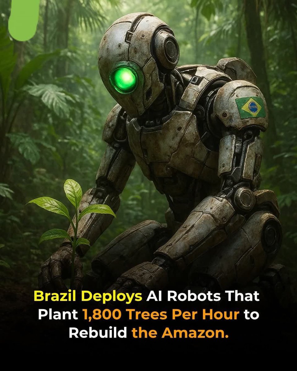 zuzana_2233's tweet image. 🌱 In Brazil AI-powered garden robots are planting up to 1,800 trees per hour to fight deforestation.  
Smart, solar, efficient &amp;amp; the future of reforestation is here!
#Reforestation #AIforNature #SaveTheAmazon #GreenTech #Sustainability #ForestBot #ClimateAction