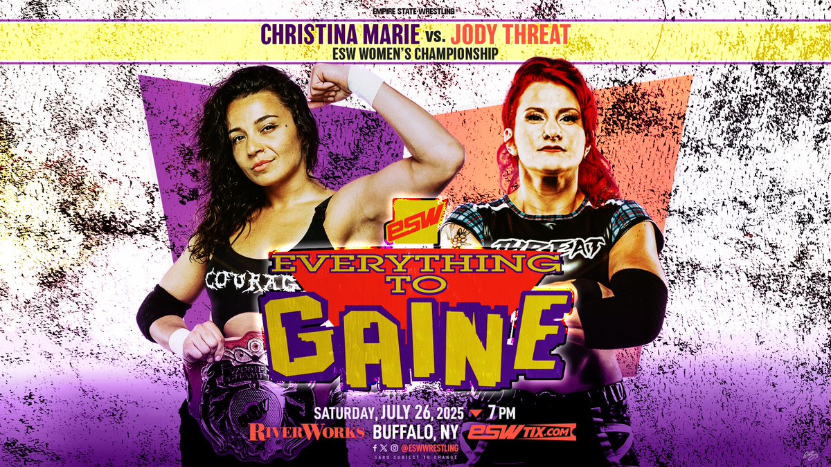 Signed for #ESWGaine 2025:

ESW Women's Championship:

"Courageous" Christina Marie (c)
vs.
#tnawrestling star Jody Threat

 ESWTIX.com