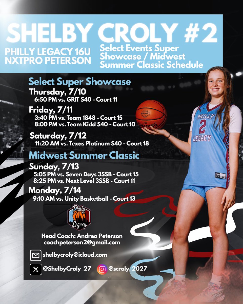 Shelby Croly (@shelbycroly_27) on Twitter photo Super excited to attend Select Events Super Showcase and Midwest Summer Classic July 10-14 with my teammates in Ohio! <a href="/APetey2/">Andrea Peterson</a> <a href="/SelectEventsBB/">Select Events Basketball</a> <a href="/Coach_AChernow/">Allison Chernow</a> <a href="/LehighWBB/">Lehigh Women's Basketball</a> <a href="/CoachArob13/">CoachArob</a> <a href="/PennWBB/">Penn Women's Basketball</a> <a href="/CoachTimTaylor/">Tim Taylor</a> <a href="/JohnOlenowski/">John Olenowski</a> <a href="/MattDucharme/">Coach Matt Ducharme</a> <a href="/EmoryWBB/">Emory Women’s Basketball</a> <a href="/CoachMegHaughey/">Megan Haughey</a> <a href="/CoachDunne/">Melissa Dunne</a> Super excited to attend Select Events Super Showcase and Midwest Summer Classic July 10-14 with my teammates in Ohio! <a href="/APetey2/">Andrea Peterson</a> <a href="/SelectEventsBB/">Select Events Basketball</a> <a href="/Coach_AChernow/">Allison Chernow</a> <a href="/LehighWBB/">Lehigh Women's Basketball</a> <a href="/CoachArob13/">CoachArob</a> <a href="/PennWBB/">Penn Women's Basketball</a> <a href="/CoachTimTaylor/">Tim Taylor</a> <a href="/JohnOlenowski/">John Olenowski</a> <a href="/MattDucharme/">Coach Matt Ducharme</a> <a href="/EmoryWBB/">Emory Women’s Basketball</a> <a href="/CoachMegHaughey/">Megan Haughey</a> <a href="/CoachDunne/">Melissa Dunne</a>
