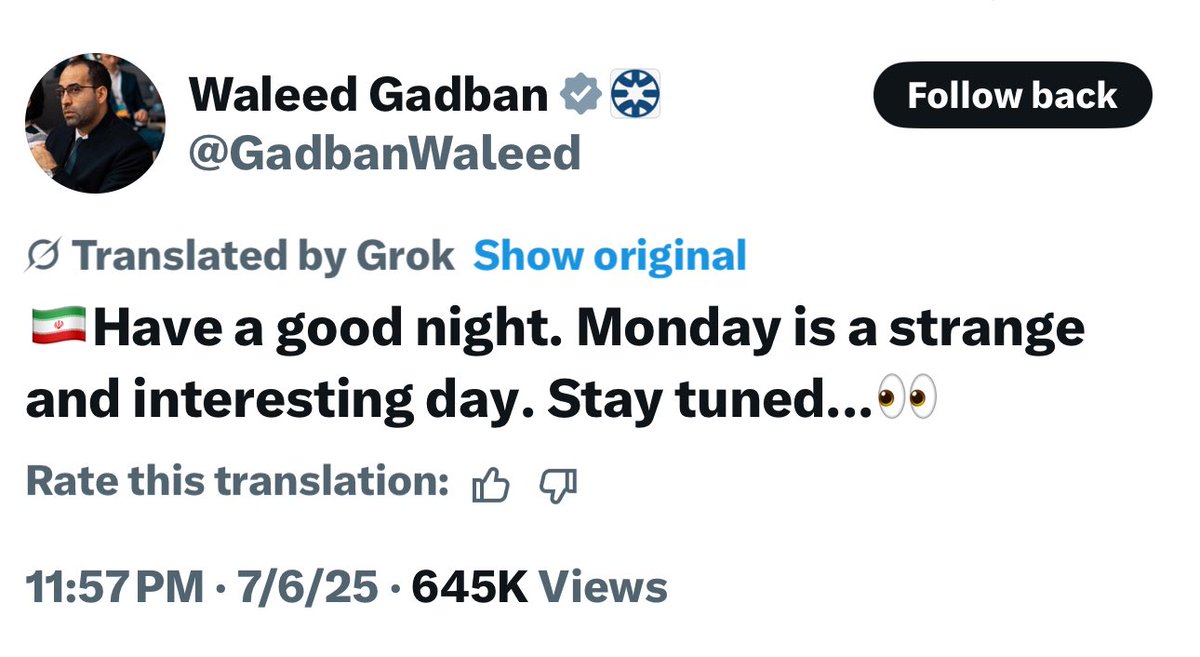 The political attaché of Israel’s UN mission in Geneva posted in Persian with an Iranian flag emoji: “Good night. Monday is a strange and interesting day. Stay tuned.” 

No explanation was given.