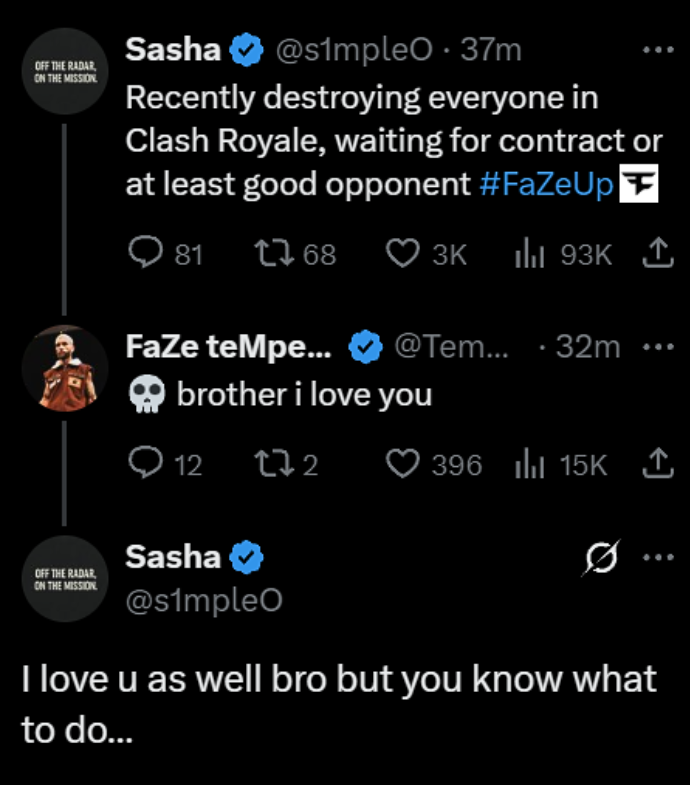Ozzny_CS2's tweet photo. s1mple really wants to stay in FaZe 😭 https://t.co/5ahuO8I3SR