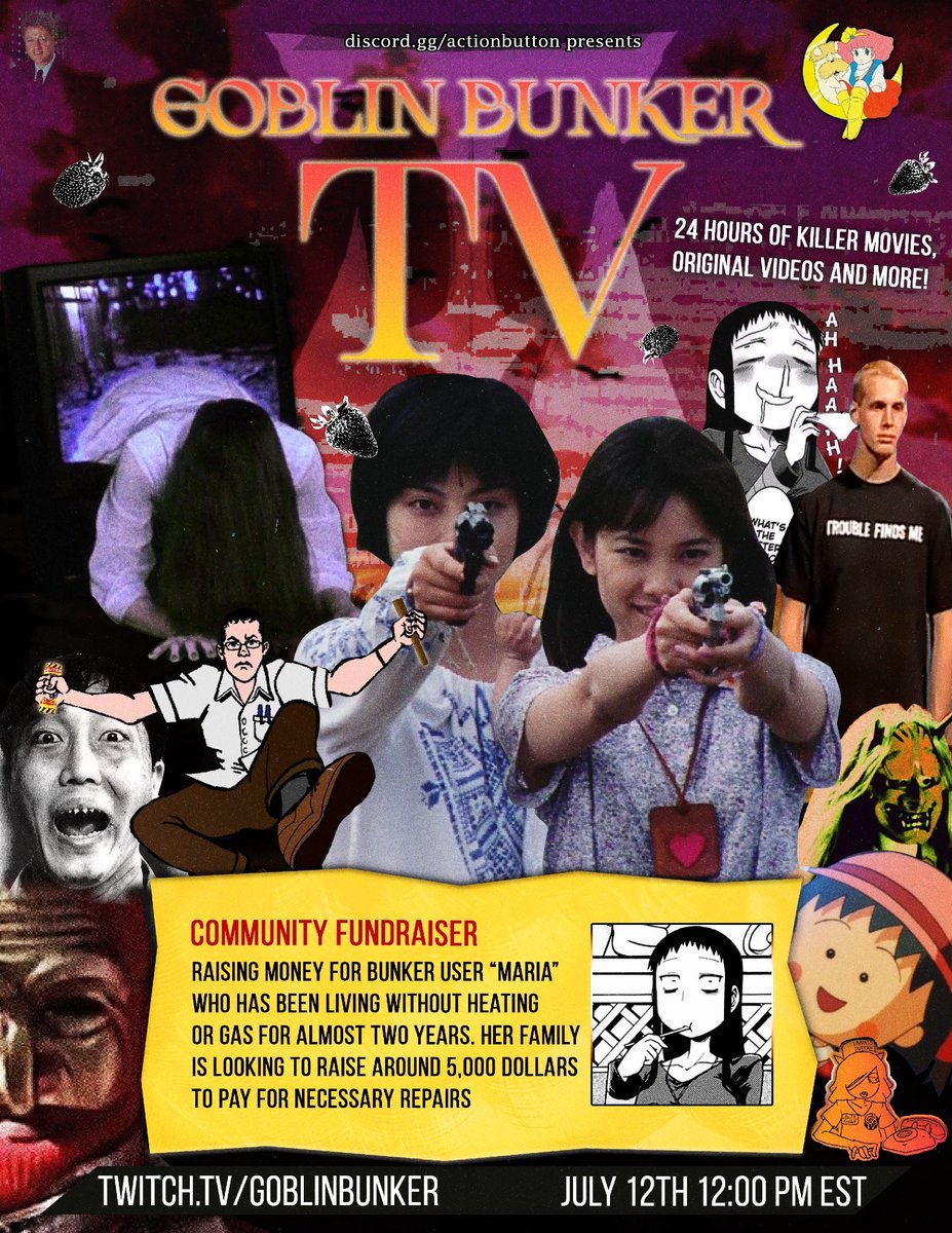 My friends and I have been working on a 24 hour livestream we're calling GOBLIN BUNKER TV to raise funds for 
<a href="/ilmutus/">maria</a>! We're showing off original videos, ytps, and all kinda stuff we love from across the internet. Check it out July 12 12:00PM EST at twitch.tv/goblinbunker/ 📺‼️