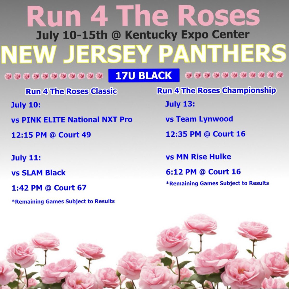Catherine (Catie) Klemm (@catie_klemm) on Twitter photo The countdown starts to our final Run 4 Roses in Kentuck!๐น๐๐๐
<a href="/nj_panthers/">NJ Panthers</a>
<a href="/CoachJordanNJP/">Jordan Stites</a>
<a href="/CoachZ_NJP/">Zakiya Beckles MAT, LAT, ATC</a> The countdown starts to our final Run 4 Roses in Kentuck!๐น๐๐๐
<a href="/nj_panthers/">NJ Panthers</a>
<a href="/CoachJordanNJP/">Jordan Stites</a>
<a href="/CoachZ_NJP/">Zakiya Beckles MAT, LAT, ATC</a>