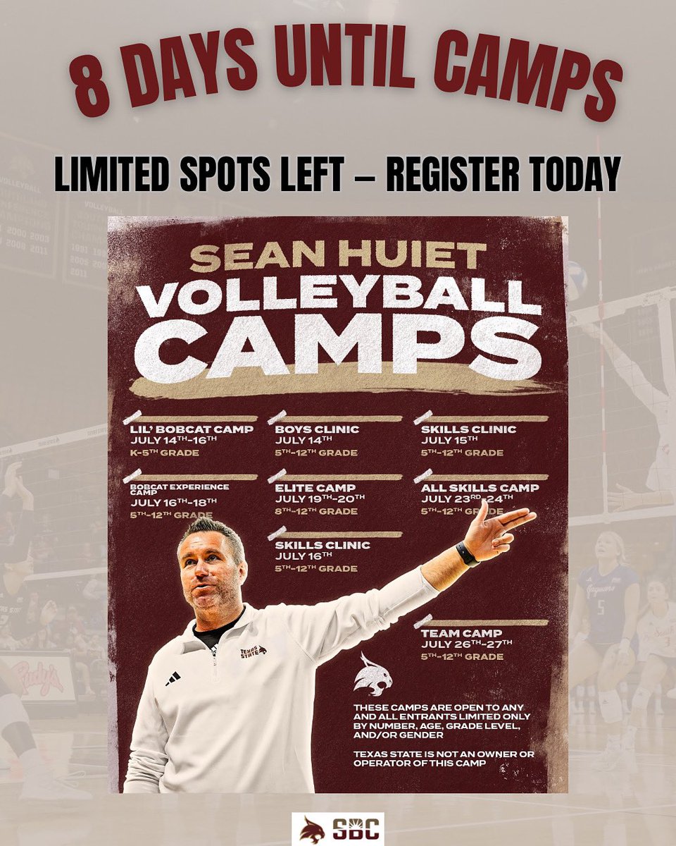 Only 8 days left until Sean Huiet Volleyball Camps‼️Click the link in our bio to register today😼