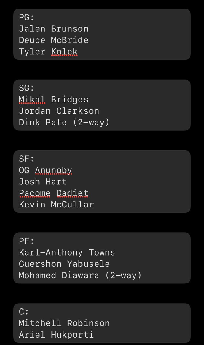 MikeyCoinSnatch's tweet image. This is how I have the Knicks roster charted out right now
I dont know how the minimums all pan out specifically based on buyouts or vet mins and stuff, but it looks like they’ll add at least one more standard contract.
I’m thinking maybe another PF/C? I count 13/15 standard…