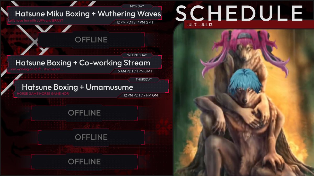 Hiya Dewgs! This week we're gonna be starting every stream by BOXING WITH MY HERO HATSUNE MIKU!! I barely played Lupa on stream on Thursday so we're gonna get WuWa stuff done on Monday, then I'm doing a co-working stream on Wednesday, and Thursday I'LL TRY THE HORSE GACHA GAME!🐴