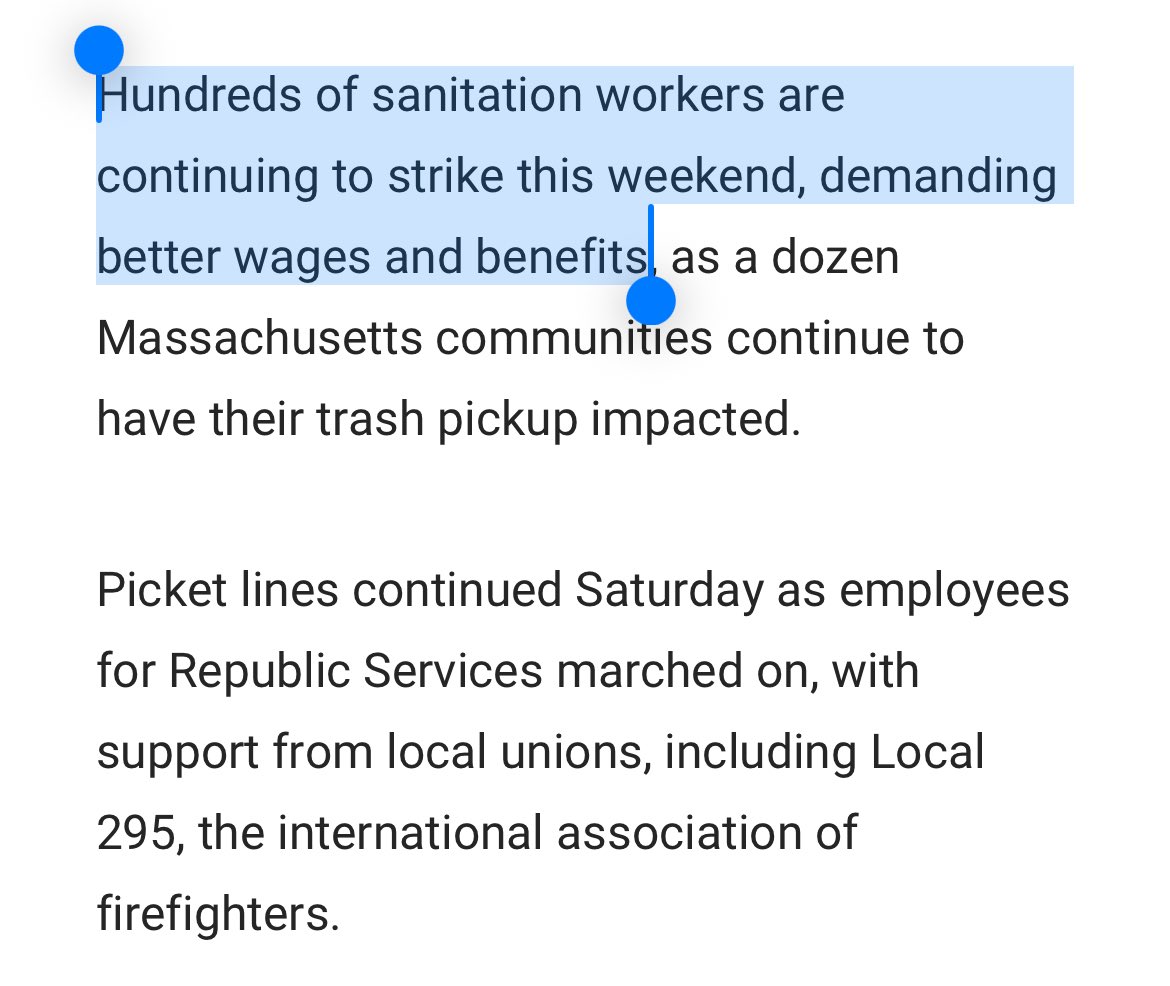 Over 400 sanitation workers in Massachusetts with Teamsters Local 25 have walked off the job and gone on strike.

Trash and recycling services are currently suspended in towns like Watertown, Malden, Arlington, Peabody, and Gloucester. 💩😷