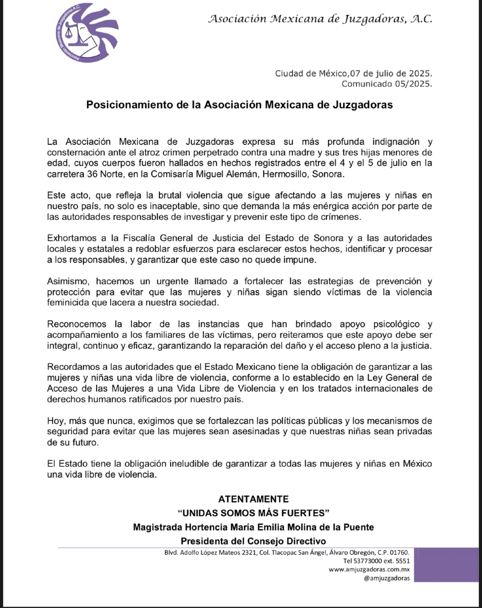 COMUNICADO
Condenamos el feminicidio de una madre y sus tres hijas en Hermosillo, Sonora.
Este crimen no puede quedar impune.
El Estado tiene la obligación de proteger a mujeres y niñas.
#NiUnaMás #JusticiaParaEllas #ViolenciaFeminicida #AMJAC