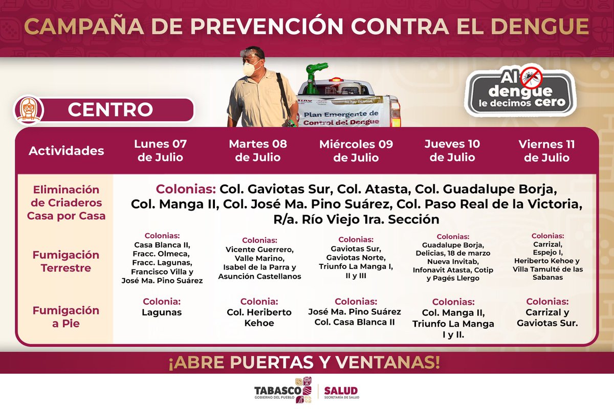 SSalud_Tab's tweet photo. #INFORMATE 🚨 

Del 07 al 11 de Julio continuaremos  fortaleciendo los operativos de fumigación terrestre y eliminación de criaderos de mosquitos transmisor del #dengue 🦟 casa por casa en los 17 municipios del Estado. 

#AlDengueLeDecimosCero #GobiernoDelPueblo
#ContraElDengue https://t.co/zwj2JmPr3j