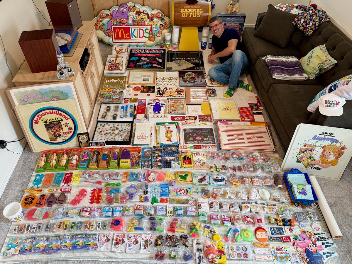 consumertc's tweet image. My latest McDonald's buying trip results! Pickups include dozens of extremely rare translite signs, a Ronald Barrel of Fun, sealed Happy Meal toys, 60s era items, a Mayor McCheese Bag and even Ray Kroc's drapes! Still working hard to be the best McDonald's collector out there!!!