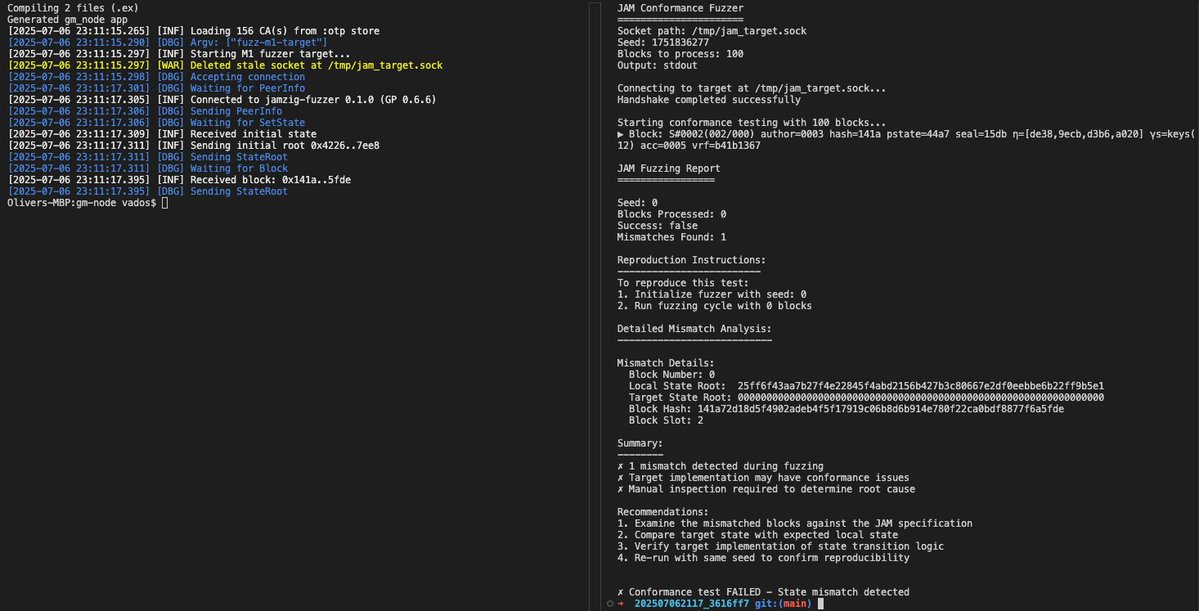 jam_brains's tweet image. Already tinkering with it. Left side GrayMatter and right side JamZig 🤝
Block hash ✅
Initial state root ✅
Posterior state root⏳
(Hint: this is very good for @Polkadot JAM)