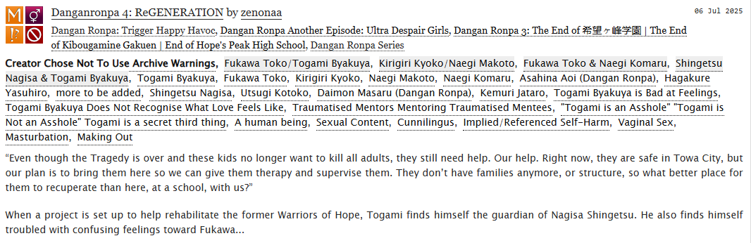 zenonaaa's tweet image. #togafuka fic 💜💚NSFW at the end  

Chapter 7! When a project is set up to help rehabilitate the former Warriors of Hope, Togami finds himself the guardian of Nagisa Shingetsu.  

ao3: archiveofourown.org/works/64937485…
tumblr: zenonaa.tumblr.com/post/788366273…