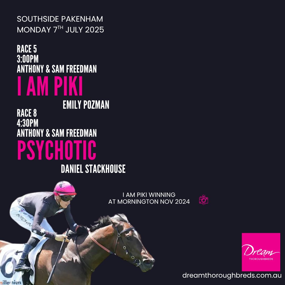 Dream Thoroughbreds (@livethedreamnow) on Twitter photo Racing at <a href="/SthsideRacing/">Southside Racing</a> Pakenham today
3YO I AM IMMORTAL filly I AM PIKI is favourite in early markets and has put together a handy record of 8 starts for 2:3:1. She gets a valuable 2kg allowance today
PSYCHOTIC returns to racing after two recent trials. He was a winner in Racing at <a href="/SthsideRacing/">Southside Racing</a> Pakenham today
3YO I AM IMMORTAL filly I AM PIKI is favourite in early markets and has put together a handy record of 8 starts for 2:3:1. She gets a valuable 2kg allowance today
PSYCHOTIC returns to racing after two recent trials. He was a winner in