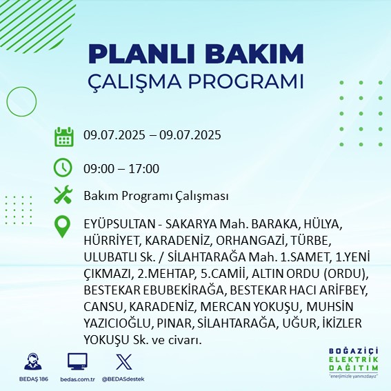 BEDASDestek (@bedasdestek) on Twitter photo 09.07.2025 tarihli Eyüpsultan ilçesi #planlıbakımçalışmaprogramı <a href="/eyupbelediyesi/">Eyüpsultan Belediyesi</a> 09.07.2025 tarihli Eyüpsultan ilçesi #planlıbakımçalışmaprogramı <a href="/eyupbelediyesi/">Eyüpsultan Belediyesi</a>