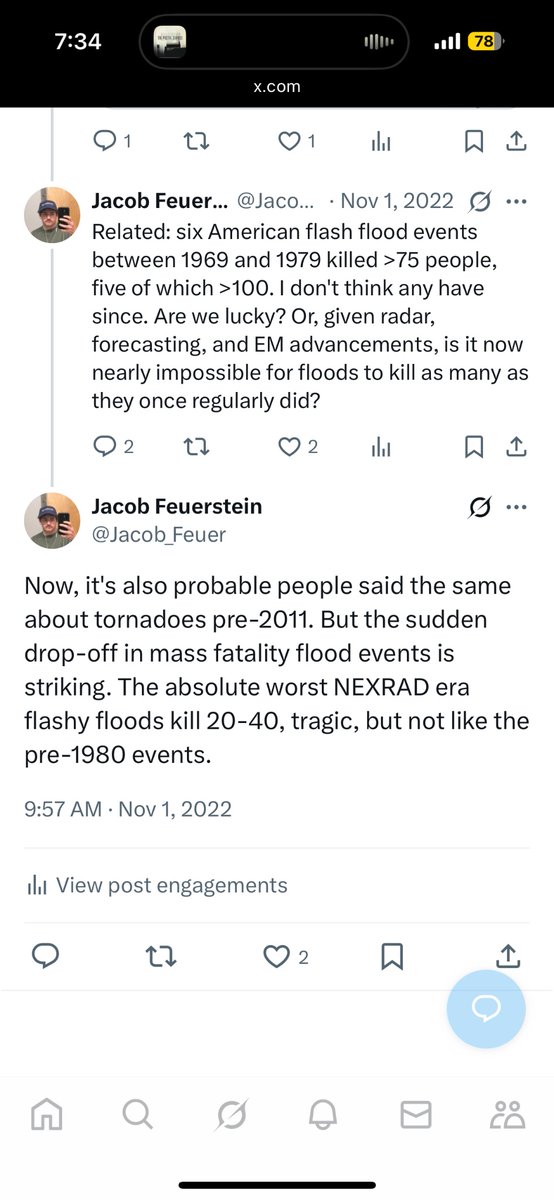 Officially, 79 deaths now, and dozens more missing. This is now the second &gt;75 fatality flood in the last year, along with Helene.

There were zero such events between 1979 and 2023. In 2022, I wondered aloud whether we had solved the problem of very deadly floods. We had not.
