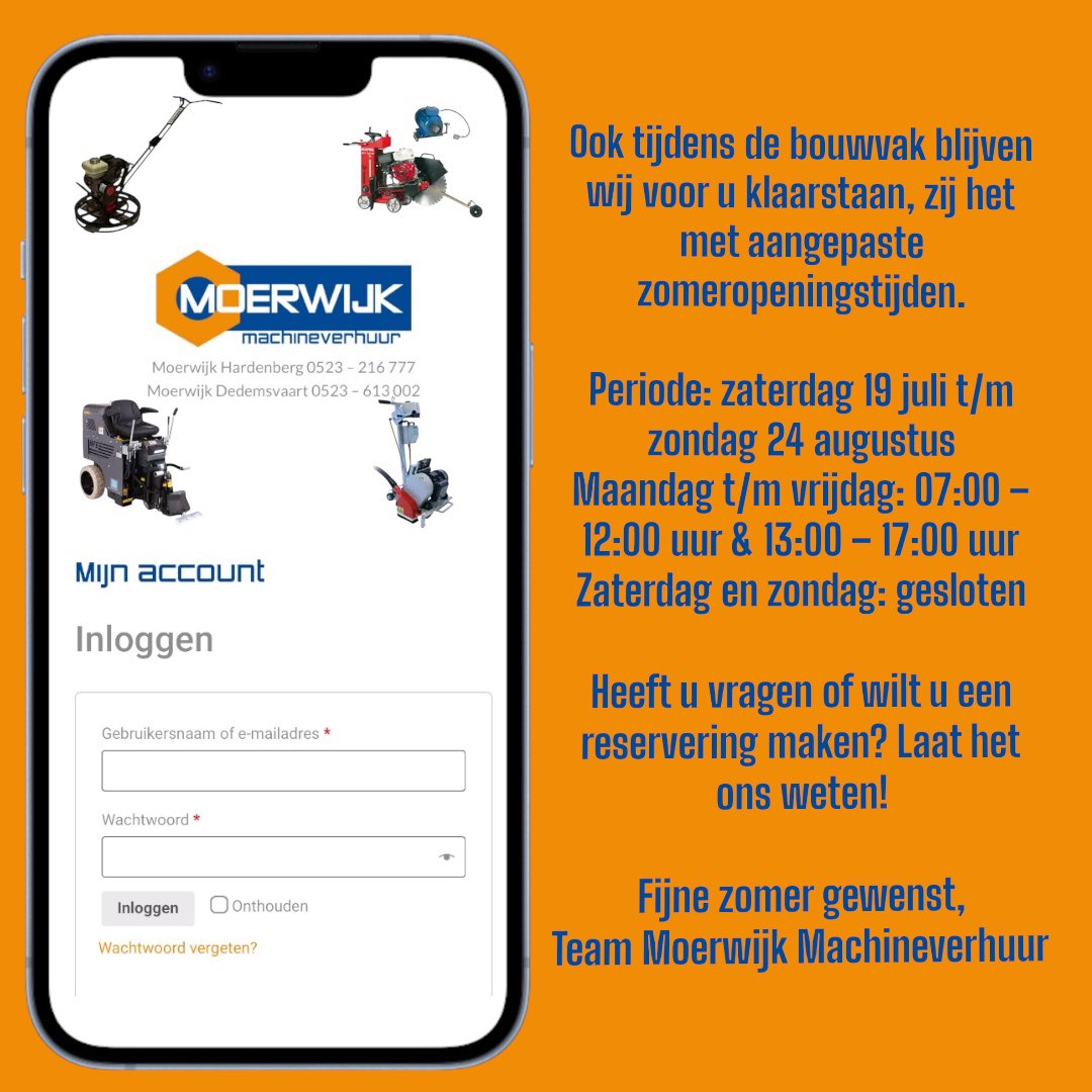 Let op: tijdens de zomer hanteren wij aangepaste openingstijden bij <a href="/Moerwijkverhuur/">Moerwijk Verhuur</a>. 
Enneh…ondernemer; heb jij al een zakelijk account? Dan regel je je reservering eenvoudig via je eigen inlogomgeving. 💪 

#waaromkopenalsjekanhuren #zomer2025 #aangepasteopeningstijden