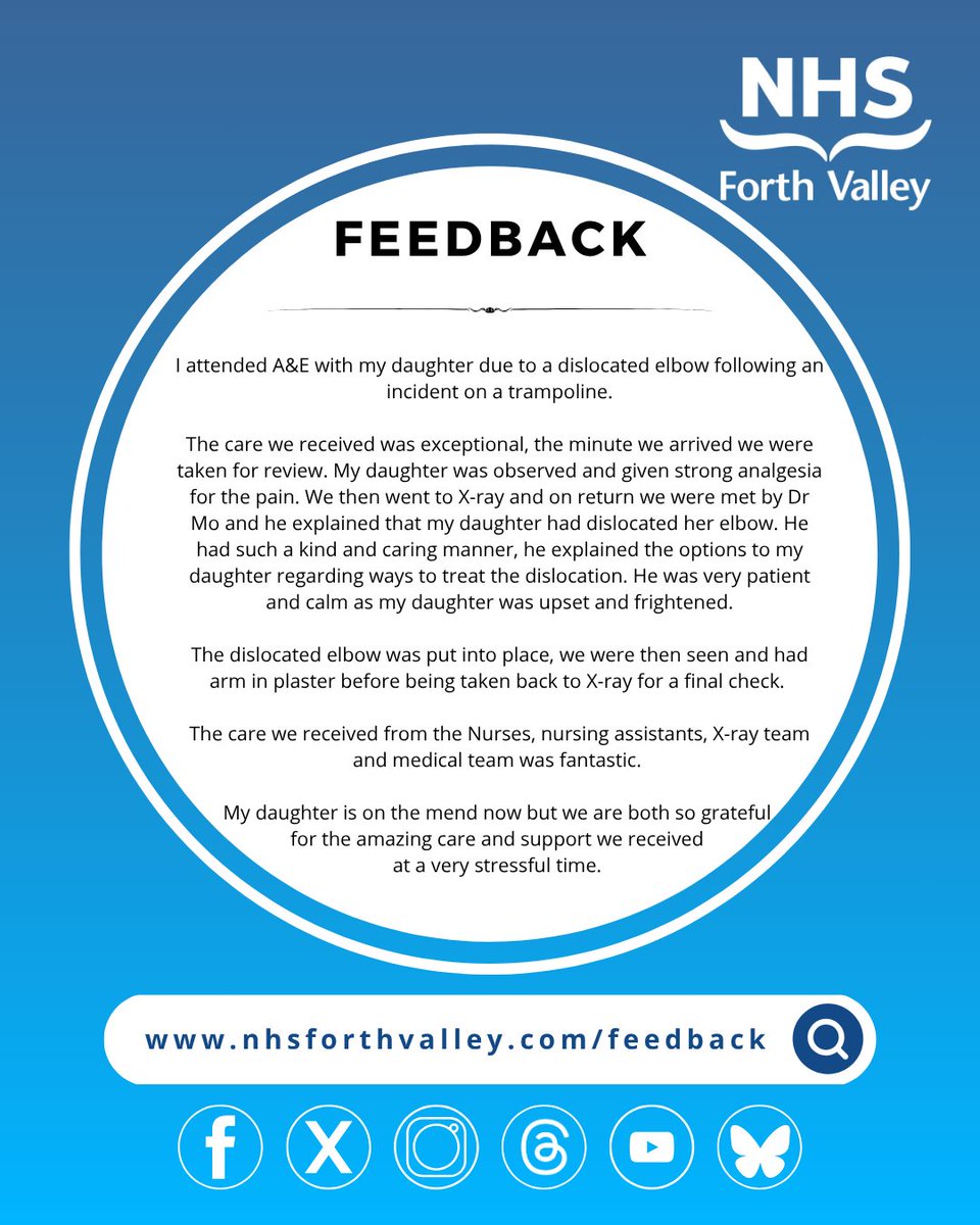 NHS Forth Valley (@nhsforthvalley) on Twitter photo It's #FeedbackFriday!
This week's comes via <a href="/CareOpinionScot/">Care Opinion Scot</a> for our Emergency Department Team. Well done to everyone involved #teamnhsfv 💙
careopinion.org.uk/1371918 It's #FeedbackFriday!
This week's comes via <a href="/CareOpinionScot/">Care Opinion Scot</a> for our Emergency Department Team. Well done to everyone involved #teamnhsfv 💙
careopinion.org.uk/1371918