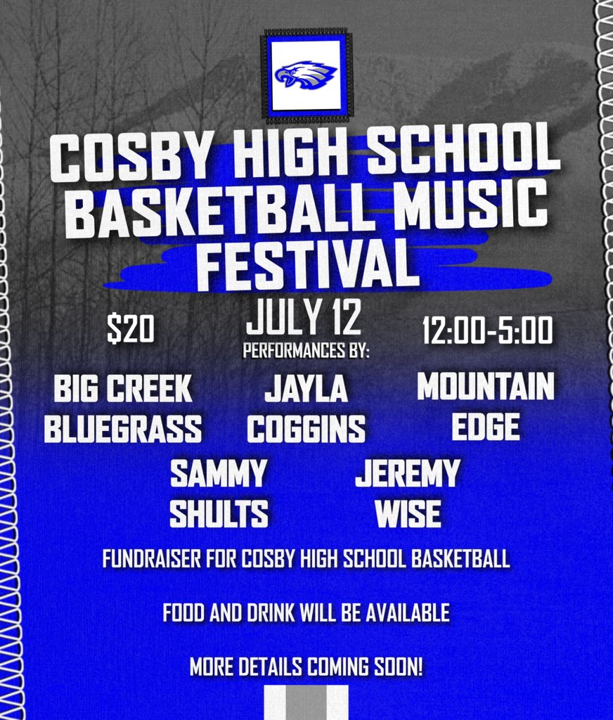 Few updates for the Cosby Basketball Music Festival this Saturday! 

The festival will be held on the football field!

Big Creek Bluegrass - 12:00-12:55
Sammy Shults - 1:00-1:55
Mountain Edge - 2:00-2:55
Jeremy Wise - 3:00-3:55
Jayla Coggins - 4:00-5:00

Food plates will be