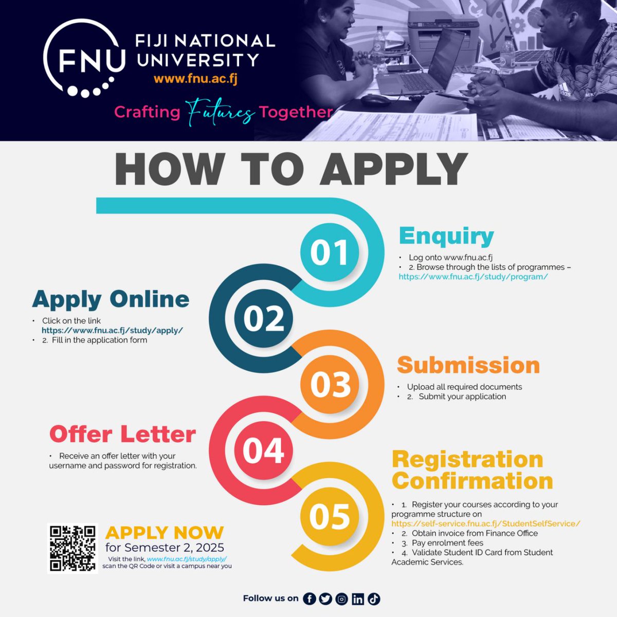 FNUFiji's tweet image. Get ready for Semester 2, 2025! We are excited to welcome new students.

Be sure to review our detailed application process to make your journey to joining us as easy as possible. Find all the info you need here: fnu.ac.fj/student/

#TeamFNU #Semester2 #ApplyNow