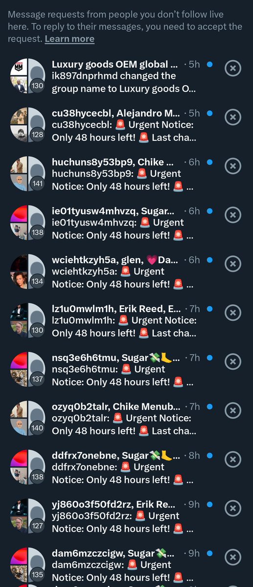 If I don't reply to your message it's because my DMs look like this and half my oomfies are always clicking scam links and get their accounts stolen