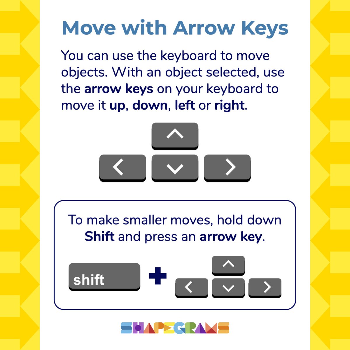 shapegrams's tweet image. Dragging an object with the mouse is not the only way to move it in Google Slides and Google Drawings. You can also move a selection by simply pressing the arrow keys on the keyboard. To make smaller moves, hold down the Shift key while pressing an arrow key. #EdTech #EduTwitter