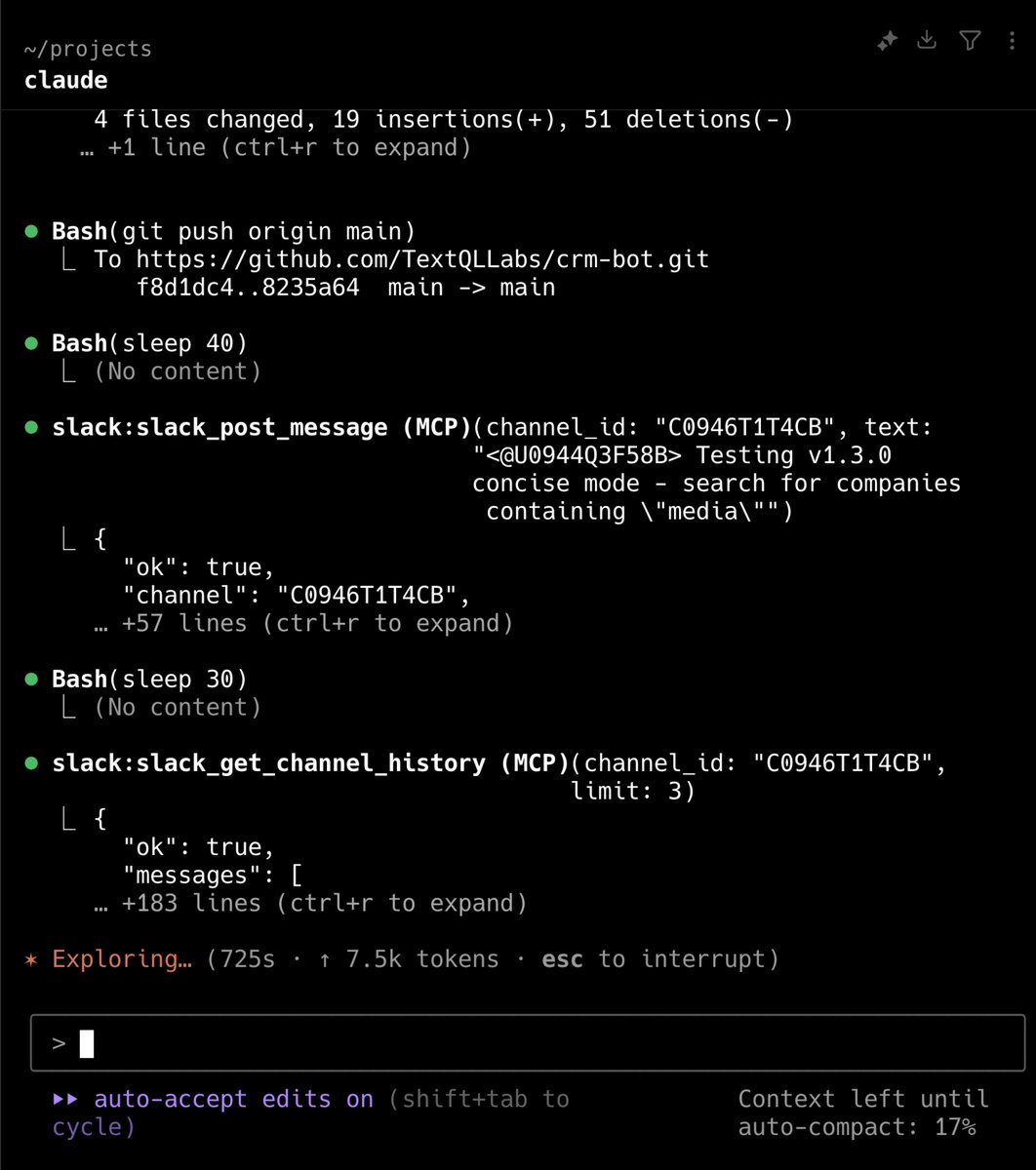TheEthanDing's tweet image. i've given claude code an mcp server to test my slackbot, railway deploy instructions, my credit card, and the instruction to keep fixiingit until it gets better and sleep to get the response back, and its currently in minute 12 of continuous task completion