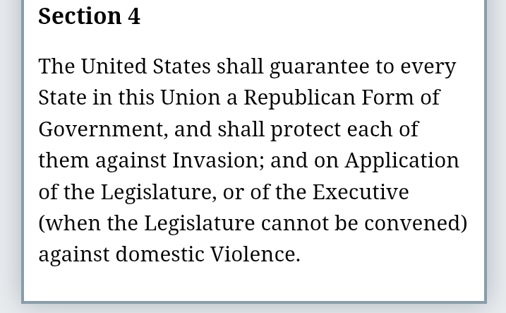 <a href="/TacoforFive1/">NukeTaco ™️🇺🇸</a> Everyone just needs to READ Article IV. Section IV &amp; you will Read in the Guarantees clause what the United States is 🫡🇺🇸🦅

WE just Need to stop being easily "Distracted" by the "Theater" games [They] play 🤦

constitution.congress.gov/constitution/a…