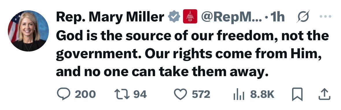 Andrew—#IAmTheResistance (@amoneyresists) on Twitter photo I don’t come to your church and preach about politics, <a href="/RepMaryMiller/">Rep. Mary Miller</a>. So how bout you keep your Christian nationalism out of our fucking government — especially when you’re tweeting from an official account paid for by U.S. taxpayers. Thanks good talk. I don’t come to your church and preach about politics, <a href="/RepMaryMiller/">Rep. Mary Miller</a>. So how bout you keep your Christian nationalism out of our fucking government — especially when you’re tweeting from an official account paid for by U.S. taxpayers. Thanks good talk.