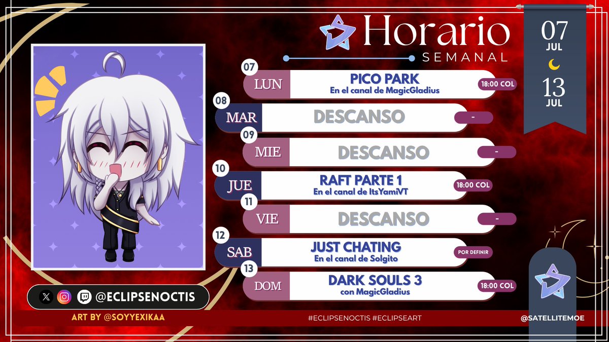 EclipseNoctis's tweet image. 🗓️ #HorarioSemanal
¡Esta semana estaré visitando varios canales de amigos! Compartiré charlas, risas y buenos momentos.
📺 ¡No te lo pierdas!
#VTuber #VTuberES #Vtubers
P.D.: El martes… puede que sigamos leyendo 👀📖😆