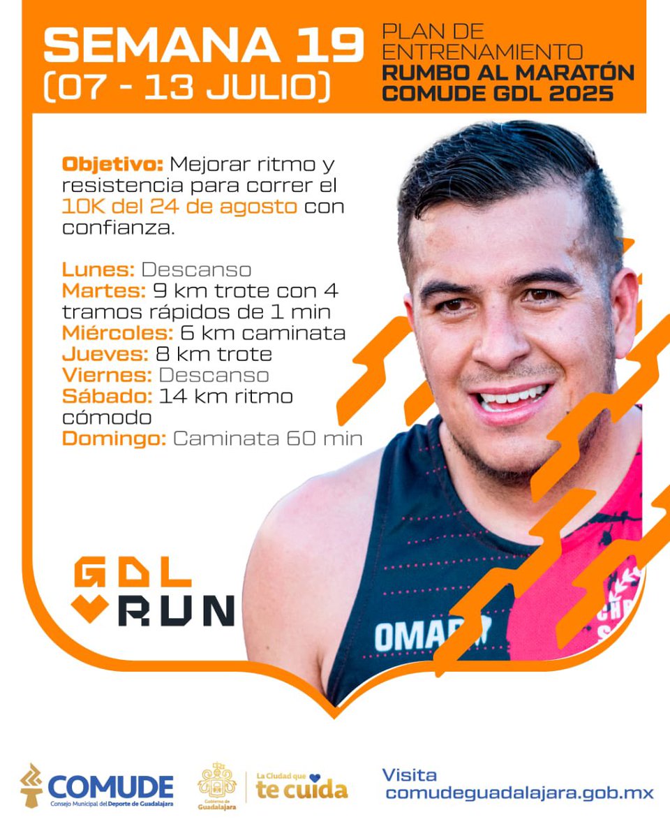 🏃‍♂️ ¡Semana 19 rumbo al 10K y Maratón GDL 2025! 🔥
Cada paso que das te acerca más a ese gran día.
Ya no se trata de empezar… ¡ahora se trata de llegar mejor que nunca! 💯👊

#MaratónGDL2025 #10KGuadalajara #ComudeGDL #GDLRun 💙👟