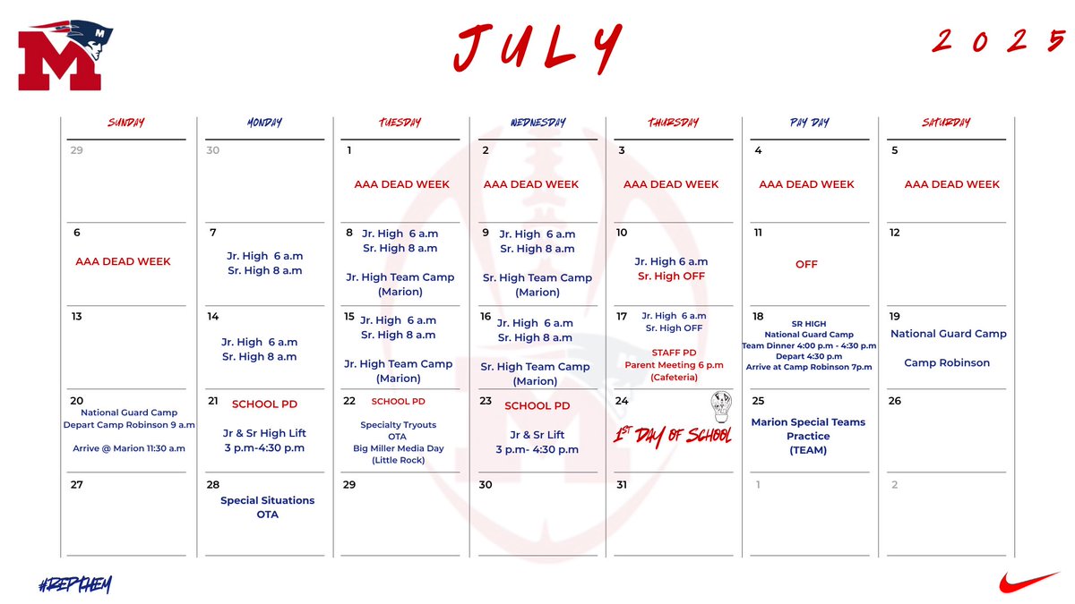 🏈 Welcome Back, Athletes &amp; Coaches! 🏈

Dead period is officially over, and we’re excited to get back to work! We can’t wait to see everyone tomorrow as we kick off the next phase of preparation.

📅 Check out our July calendar for Jr. High and Sr. High Football‼️

#RepTheM