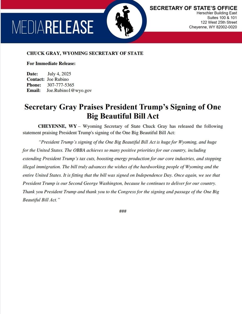 ChuckForWyoming's tweet image. President Trump’s signing of the One Big Beautiful Bill Act is huge for Wyoming, and huge for the United States. The OBBA achieves so many positive priorities for our country, including extending President Trump’s tax cuts, boosting energy production for our core industries, and…