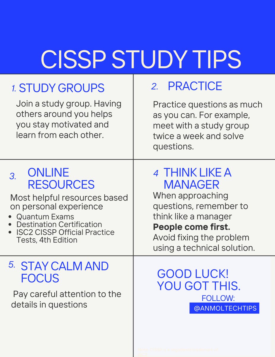 anmoltechtips's tweet image. My top 5 tips when studying for the #CISSP 

#Cybersecurity #Infosec