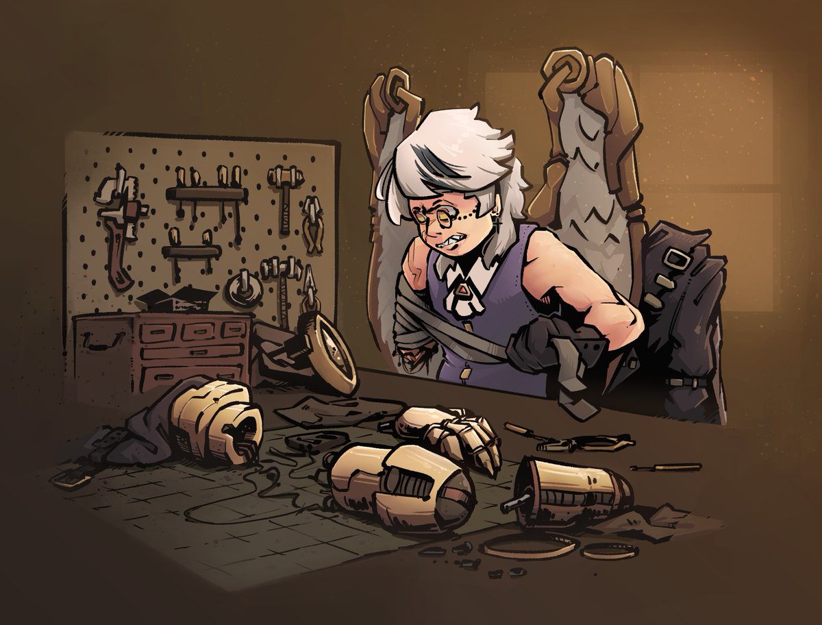 Brack_Giraffe's tweet image. Art fight things! Azazel tinkering with his arm :3 @KaoriYakuna