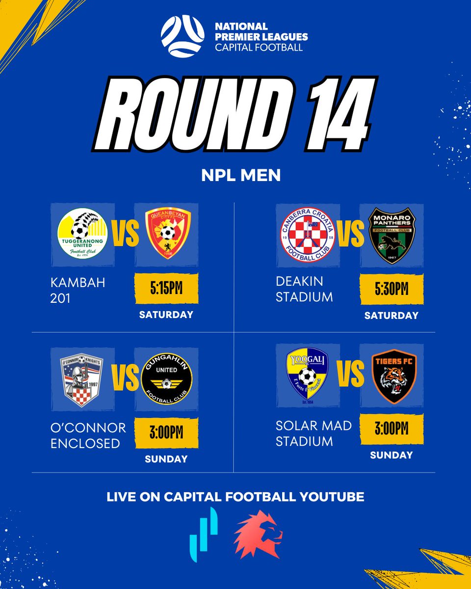 FIXTURES

Round 14 of the NPL Men this weekend!

#GameOn #NPL25