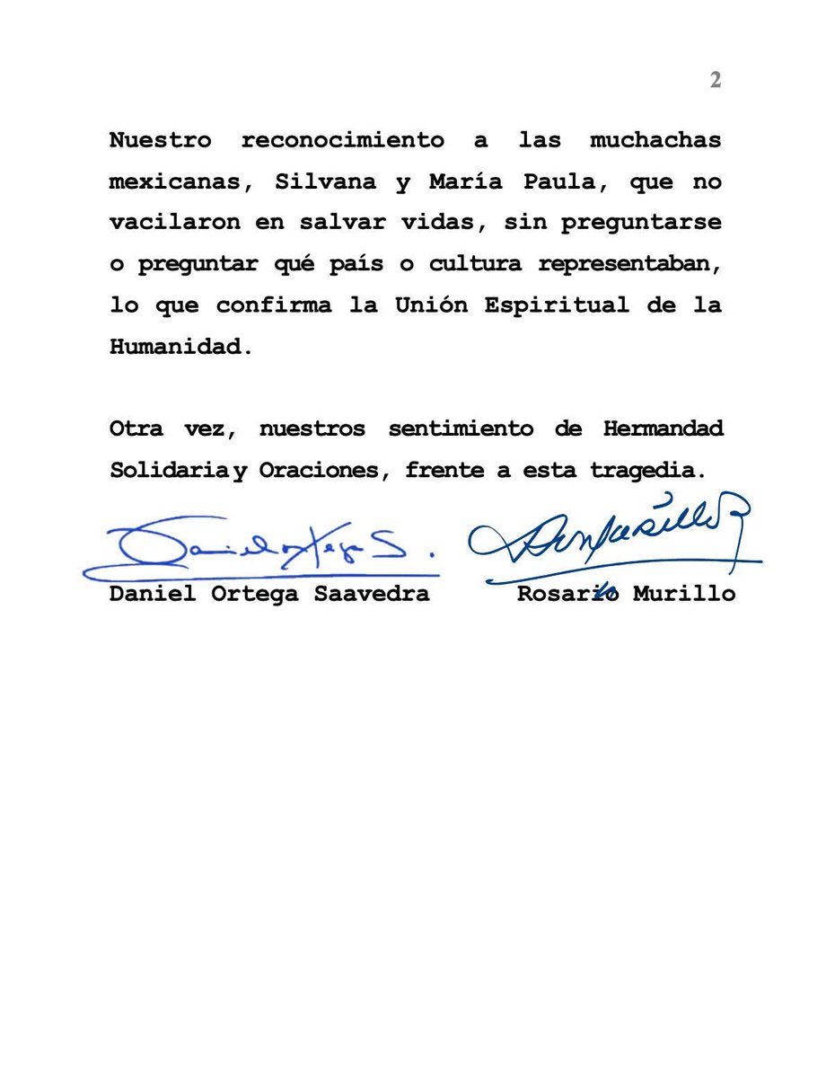 #Mensaje  de Solidaridad y Condolencias
del Comandante Copresidente Daniel y la Copresidenta Compañera Rosario, dirigido al pueblo de #EstadosUnidos ante la lamentable tragedia ocurrida en Texas.

#Nicaragua