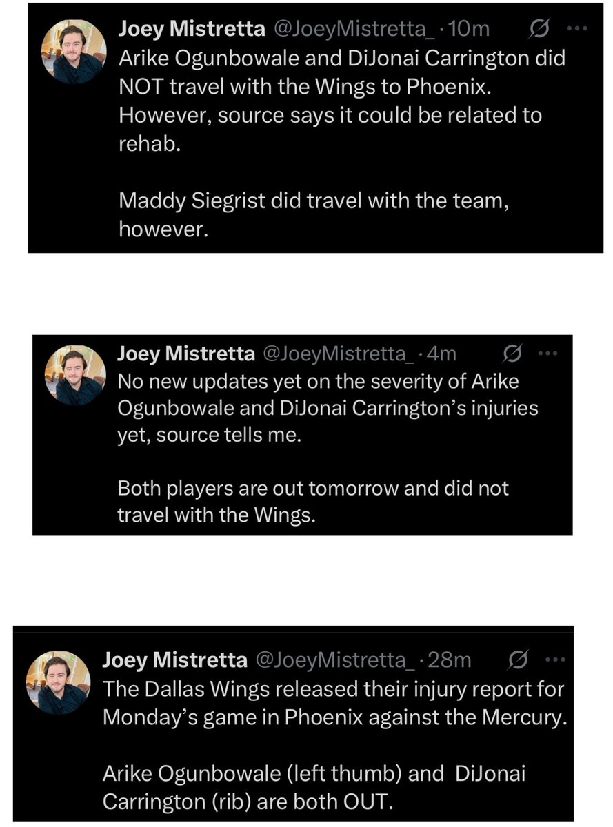 Joey Mistretta (@joeymistretta_) on Twitter photo Getting asked a lot about the Dallas Wingsā Arike Ogunbowale and DiJonai Carringtonās injury situation.
Here are the latest updates all in one as I reported for <a href="/ClutchPoints/">ClutchPoints</a> Getting asked a lot about the Dallas Wingsā Arike Ogunbowale and DiJonai Carringtonās injury situation.
Here are the latest updates all in one as I reported for <a href="/ClutchPoints/">ClutchPoints</a>