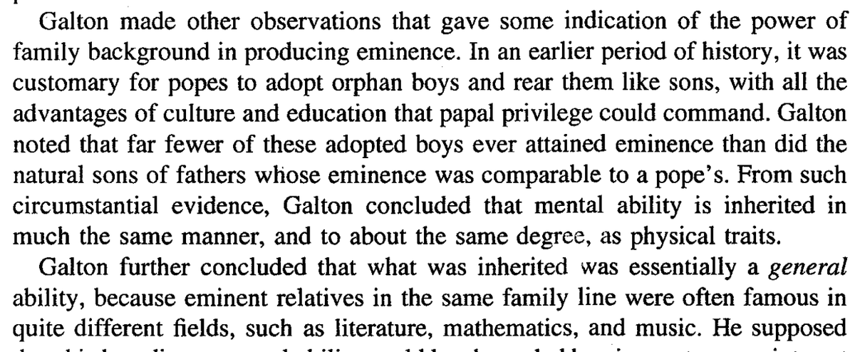 MengHu13's tweet image. In The g Factor, Jensen told us about Galton&apos;s real life observation about adoption not raising intelligence.