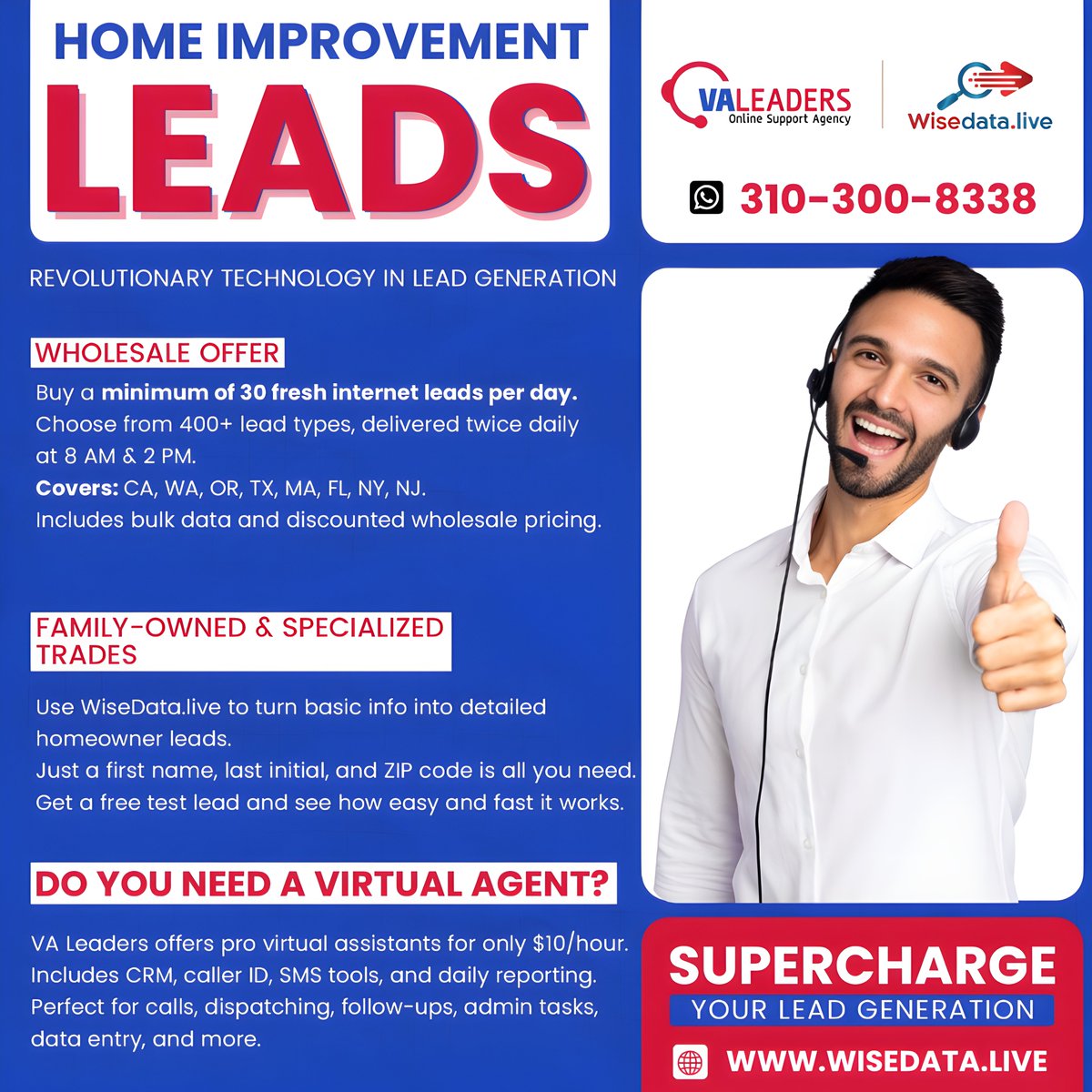 WiseDataLive's tweet photo. Tired of chasing dead leads?
https://t.co/pbVpRiQnox gives you verified phone, email &amp; address for just $7 per search
Skip overpriced leads from Yelp/Thumbtack
Ask about wholesale lead bundles
Hire a $10/hr VA from VA Leaders

Call 310-300-8338 or visit https://t.co/pbVpRiQnox https://t.co/BLdtRCKFov
