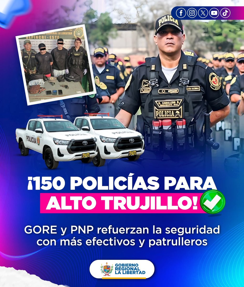 150 policías ya patrullan de forma permanente las calles de #AltoTrujillo,con apoyo de la #Dinoes, para enfrentar a la delincuencia y proteger a las familias.
La presencia policial es parte del compromiso real por devolverle la tranquilidad a este distrito que tanto lo necesita.