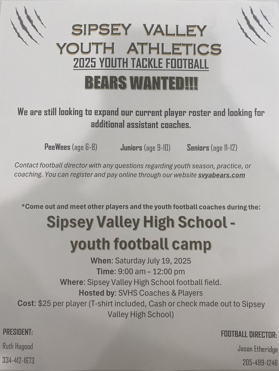 SipseyValley_FB's tweet image. SIP supporters please help us share this. It's that time of year to sign up for Sipsey Youth Football as well as the 2nd annual youth football camp at Sipsey Valley High School.