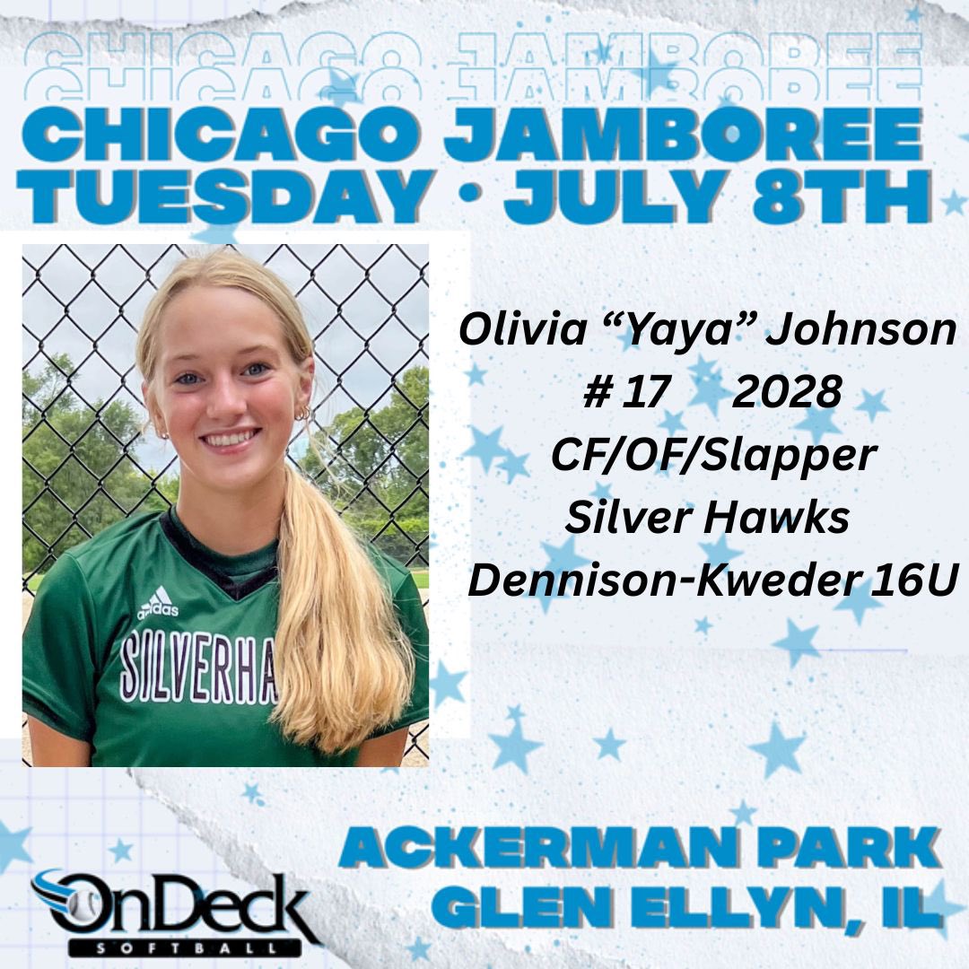 Olivia YaYa Johnson (@yayajohnson28) on Twitter photo So excited to be participating in the <a href="/ondecksoftball/">OnDeck Softball 🥎</a> Chicago Jamboree this Tuesday!!! <a href="/CoachSelena20/">Selena</a>
<a href="/SilverHawkSball/">Silver Hawks</a> <a href="/CoastRecruits/">Coast 2 Coast Recruits</a> <a href="/SBRRetweets/">Softball Recruiting Reposts</a> <a href="/TopPreps/">SPORTS NEWS, VIDEOS, GRAPHICS, EXPOSURE & MORE</a> <a href="/softball_dugout/">The Softball Dugout</a> <a href="/D1_Recruits/">D1 Recruits</a> So excited to be participating in the <a href="/ondecksoftball/">OnDeck Softball 🥎</a> Chicago Jamboree this Tuesday!!! <a href="/CoachSelena20/">Selena</a>
<a href="/SilverHawkSball/">Silver Hawks</a> <a href="/CoastRecruits/">Coast 2 Coast Recruits</a> <a href="/SBRRetweets/">Softball Recruiting Reposts</a> <a href="/TopPreps/">SPORTS NEWS, VIDEOS, GRAPHICS, EXPOSURE & MORE</a> <a href="/softball_dugout/">The Softball Dugout</a> <a href="/D1_Recruits/">D1 Recruits</a>