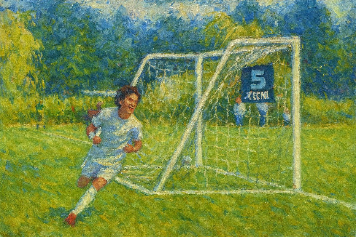 MGoFinance's tweet image. I asked ChatGPT to turn my son’s goal celebration into a painting. A Monet was born. 😂