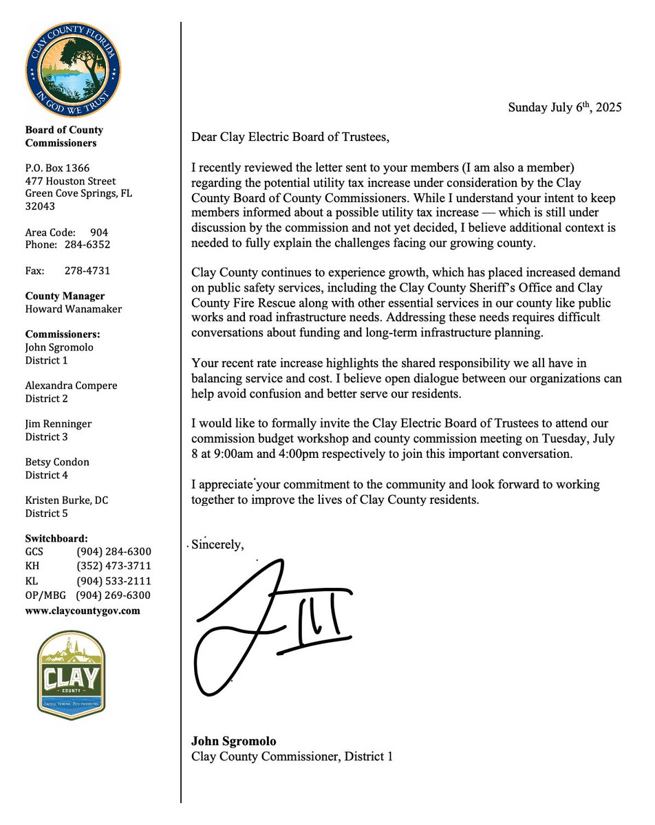 JohnSgromolo's tweet image. Tonight I sent a letter to the Clay Electric Board of Trustees in response to their recent communication to members about a potential utility tax. Together, we can make informed decisions that protect the quality of life in Clay County.