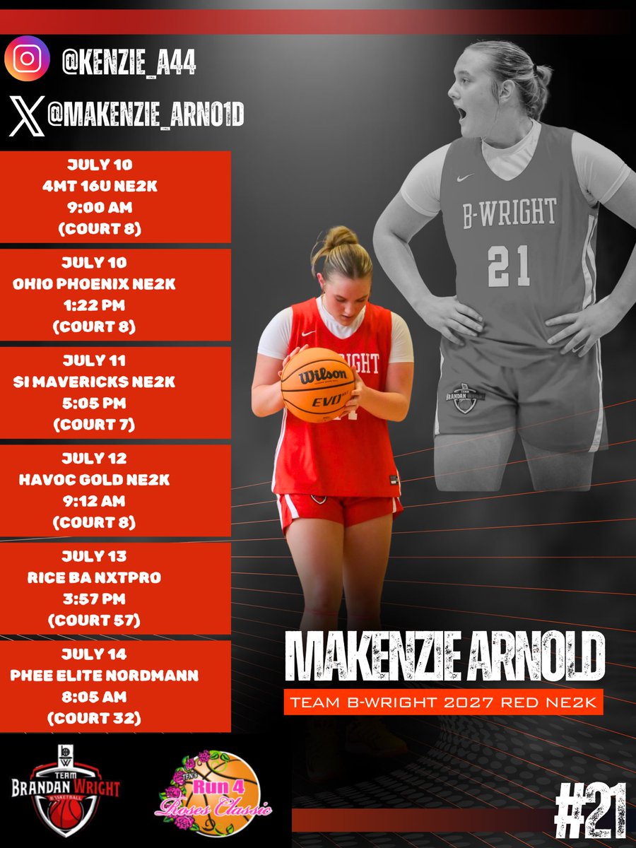 Makenzie Arnold (@makenzie_arno1d) on Twitter photo Excited to compete with my group at <a href="/TFNsRun4Roses/">TFN's Run 4 Roses</a>! Schedule for July 10-14, let’s get to work 🔥
<a href="/TBWexposure/">Team Brandan Wright</a>
<a href="/CoachK_22/">Keri O’Neal</a>
<a href="/PGHTennessee/">Prep Girls Hoops Tennessee</a> Excited to compete with my group at <a href="/TFNsRun4Roses/">TFN's Run 4 Roses</a>! Schedule for July 10-14, let’s get to work 🔥
<a href="/TBWexposure/">Team Brandan Wright</a>
<a href="/CoachK_22/">Keri O’Neal</a>
<a href="/PGHTennessee/">Prep Girls Hoops Tennessee</a>