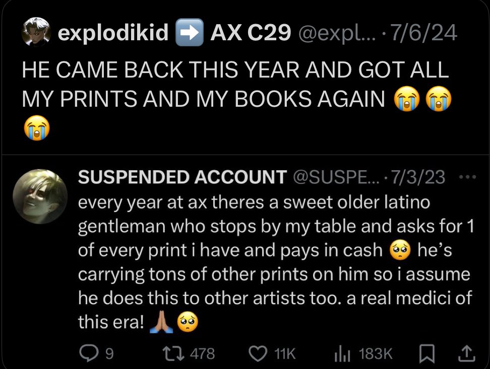explodikid's tweet image. HE CAME BACK AND GOT ONE OF EACH OF MY PRINTS AND BOOKS FROM MY AX TABLE
AGAIN
every year since 2021 🥹
HE IS MY MODERN MEDICI 🥹🥹🥹