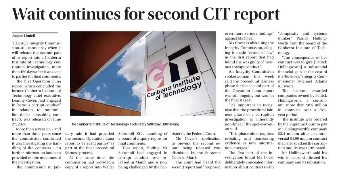 ElizabethLeeMLA's tweet image. No one can deny the importance of procedural fairness for serious corruption investigations.
But the community is right to be frustrated we still have no final report more than three years after @ACTIntegrity confirmed its investigation into those CIT contracts.
@canberratimes